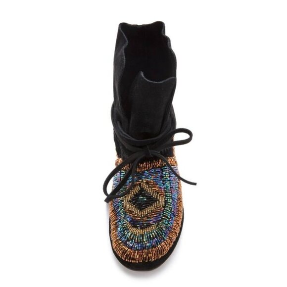 House of Harlow 1960 Beaded Suede Lace-Up Moccasin Boots Black Gold Boho Festiva - Picture 2 of 15